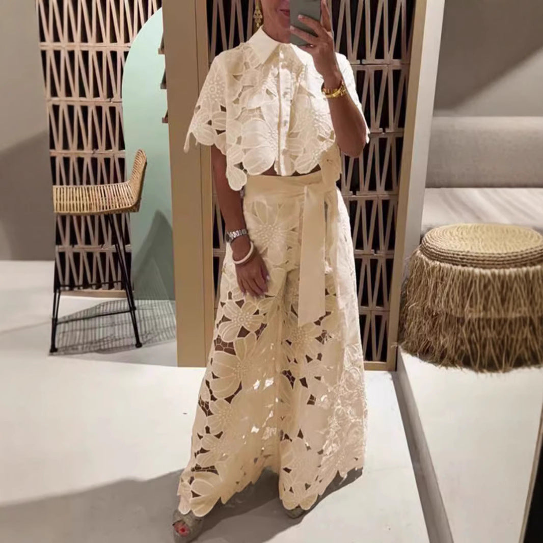 Floral Cutout Short Sleeve Shirt & Pants Set