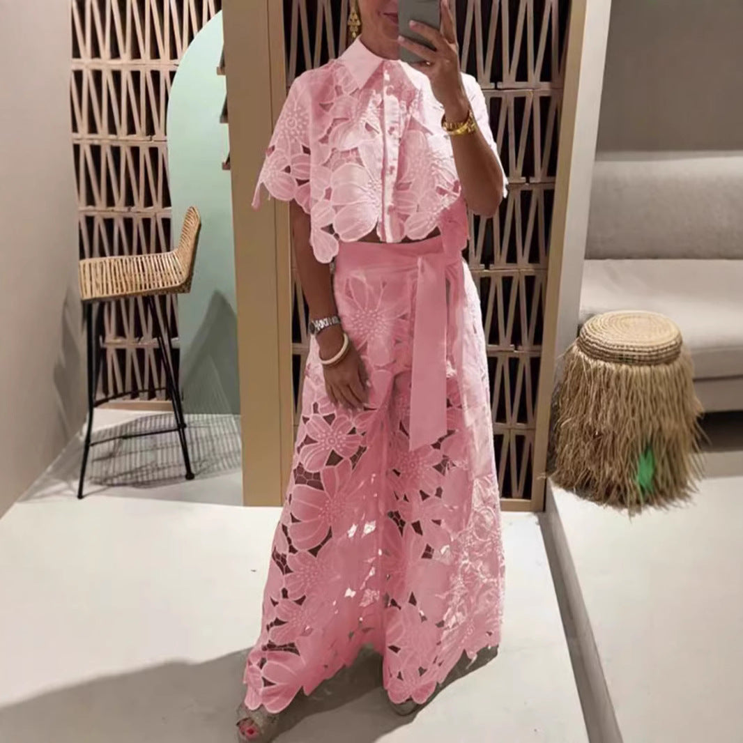 Floral Cutout Short Sleeve Shirt & Pants Set