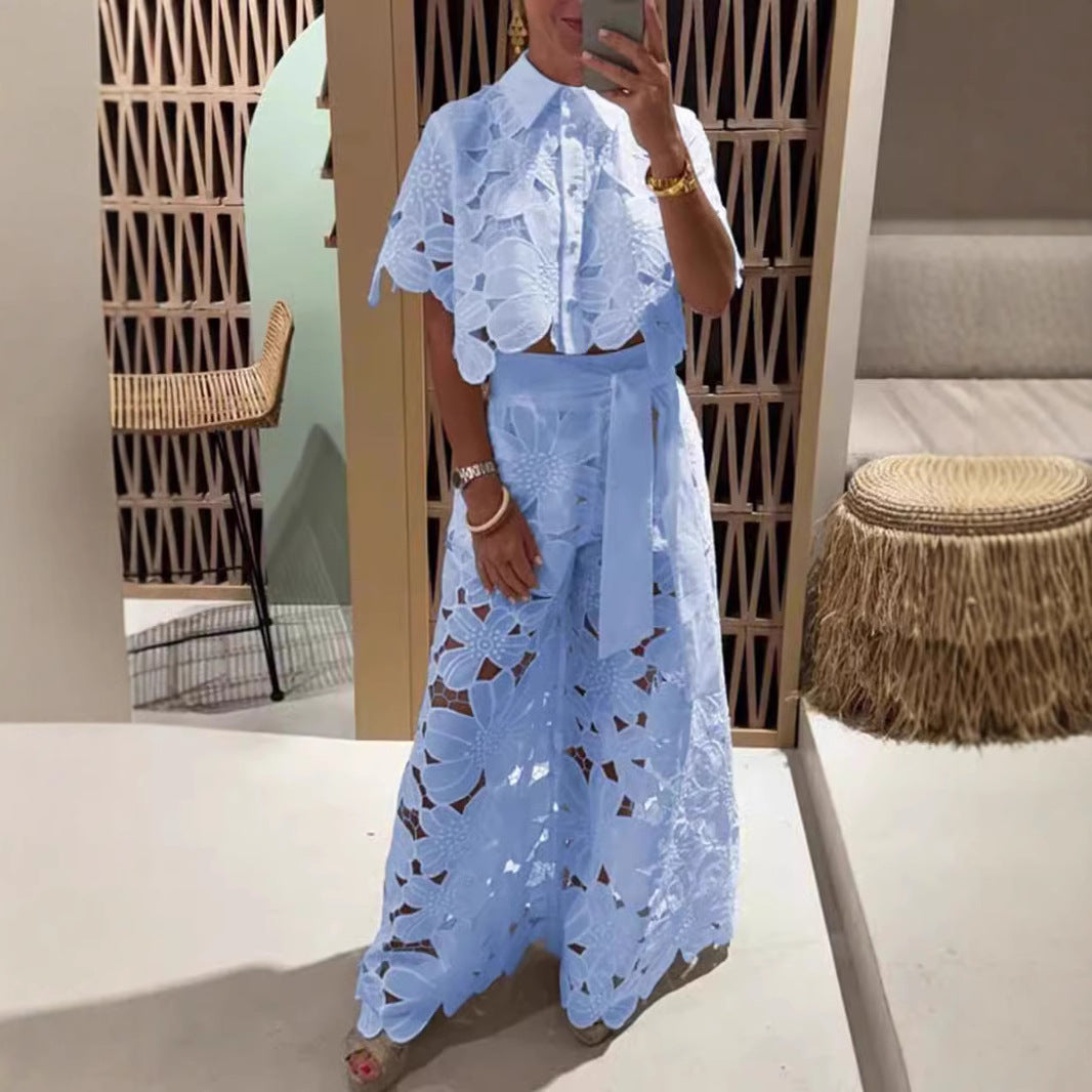Floral Cutout Short Sleeve Shirt & Pants Set