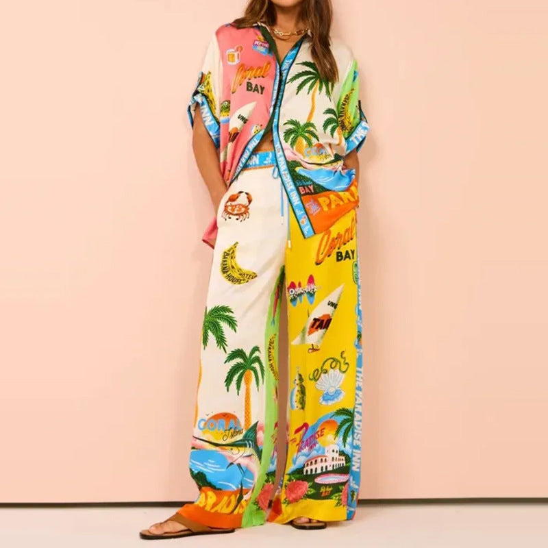 Summer Printed Short Sleeve Shirt & Pants Set