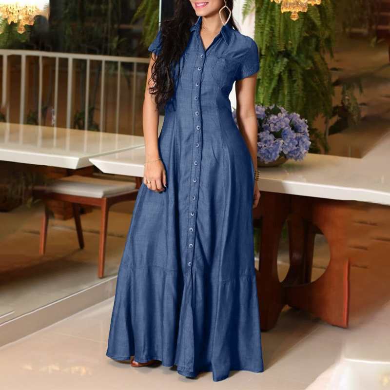 Short Sleeve Shirt Collar Button Down Maxi Dress