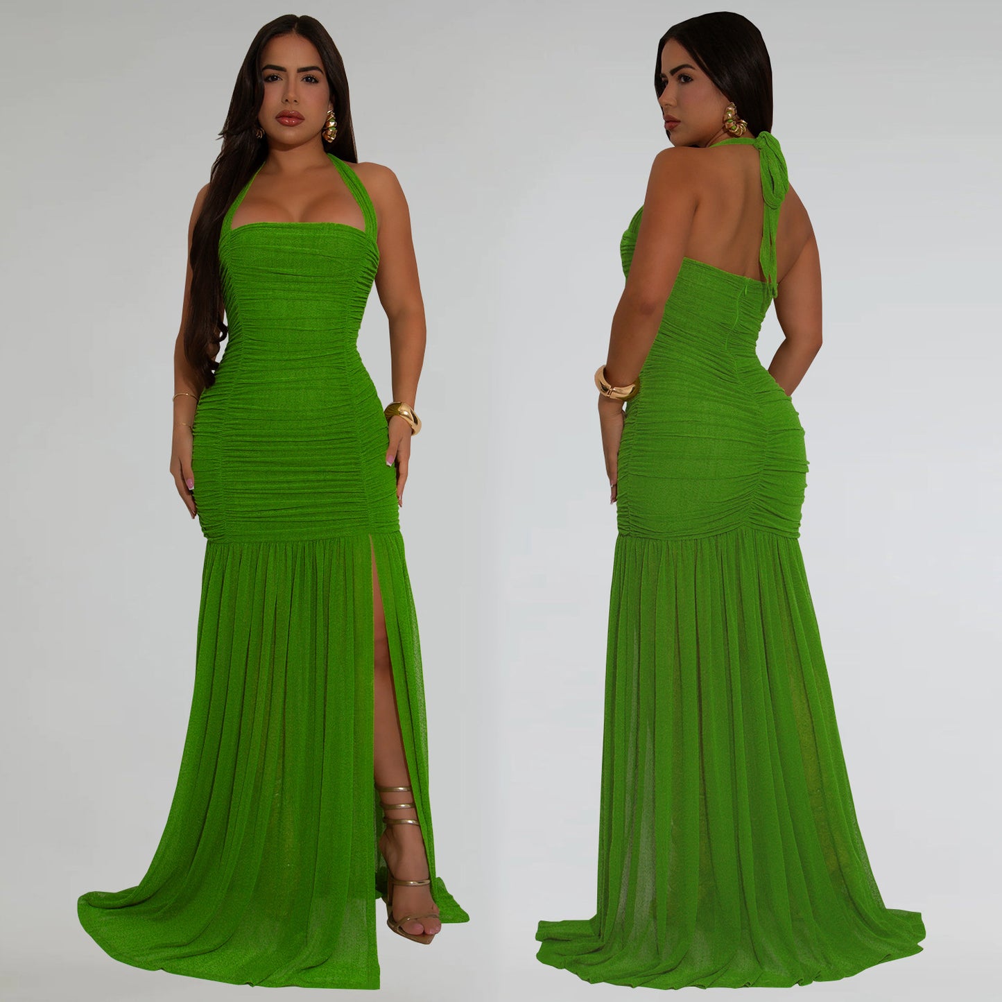 Solid Color Mesh Sling Split Maxi Dress