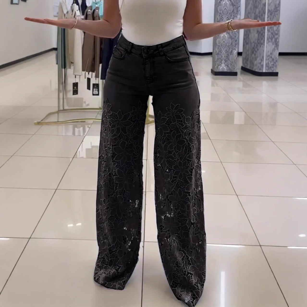 Floral Cutout Denim Pants