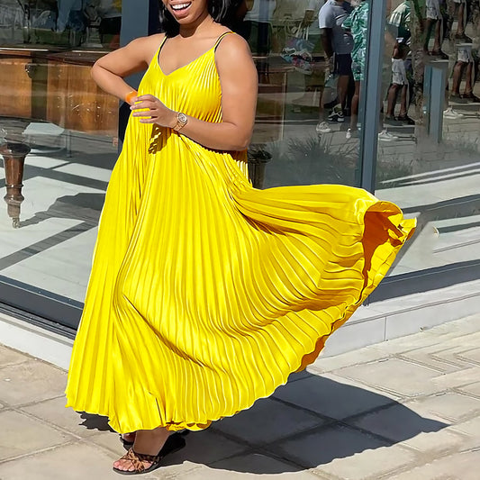 Solid Color Pleated Halter Maxi Dress
