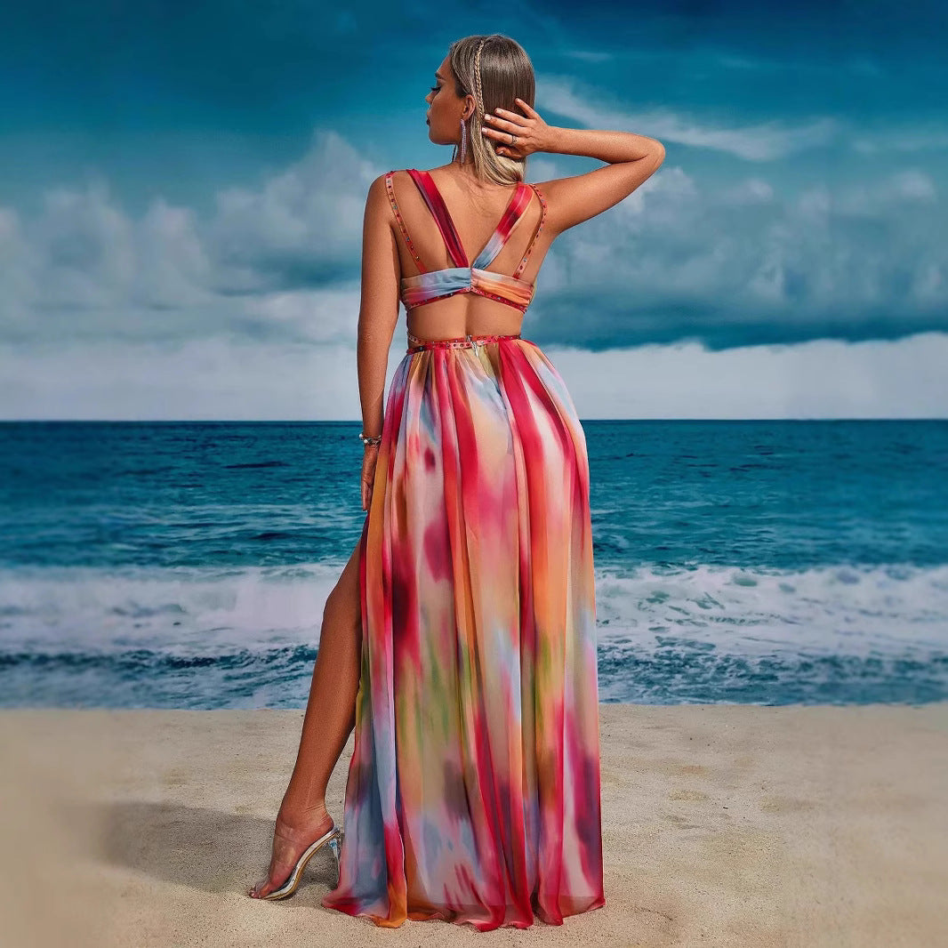 Colorful Suspender Hollow Split Maxi Dress