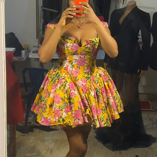 Floral Printed Bubble Sleeve Mini Dress
