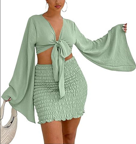 Solid Color Strappy Top & Knitted Skirt Set
