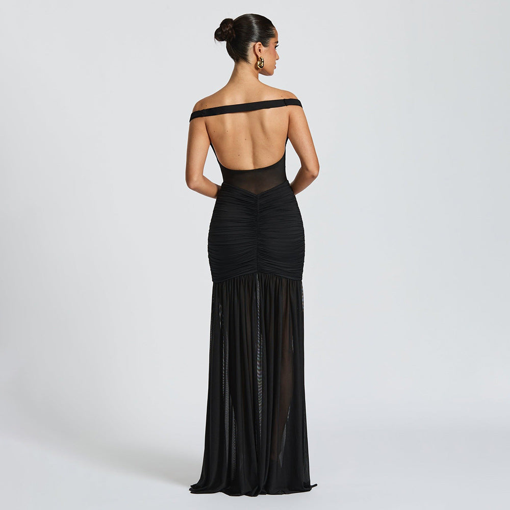 Solid Color Strapless Mesh Split Maxi Dress
