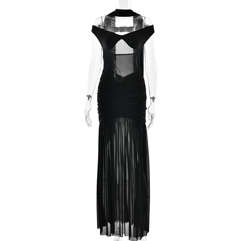 Solid Color Strapless Mesh Split Maxi Dress