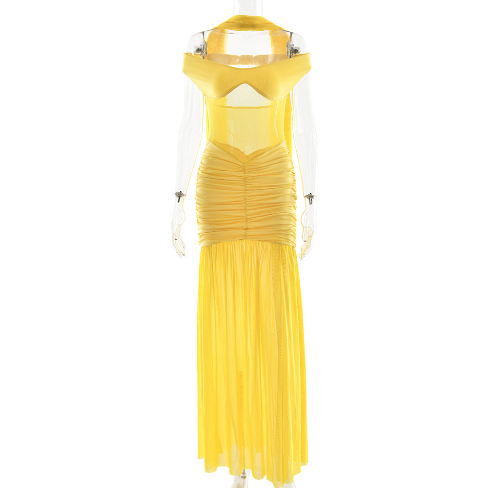Solid Color Strapless Mesh Split Maxi Dress