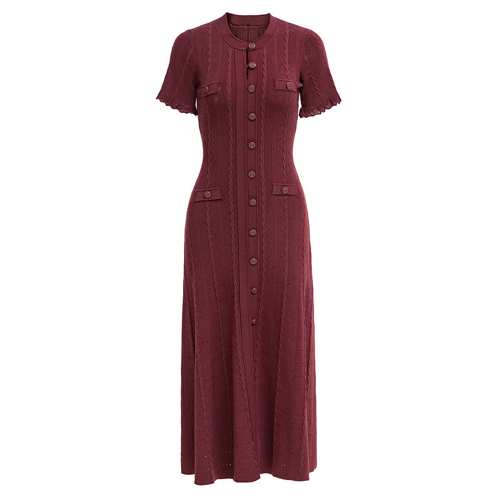 Knitted Button Elegant Short Sleeve Maxi Dress