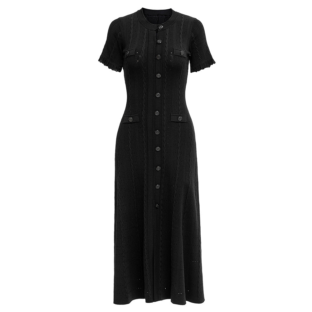 Knitted Button Elegant Short Sleeve Maxi Dress