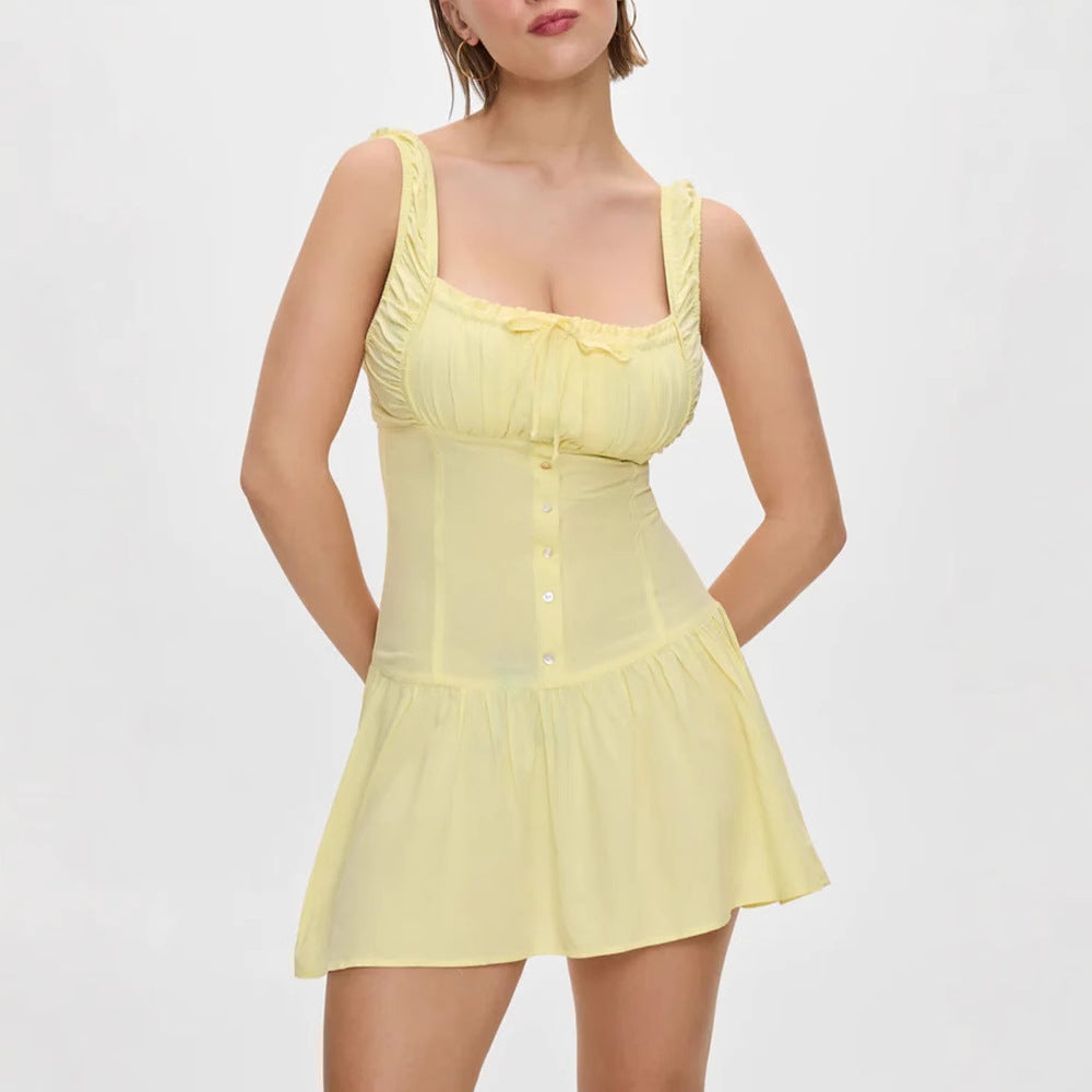 Solid Color Square Neck Single-Button Mini Dress