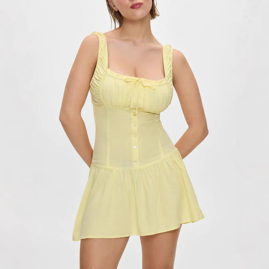 Solid Color Square Neck Single-Button Mini Dress