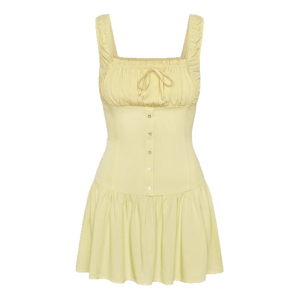 Solid Color Square Neck Single-Button Mini Dress