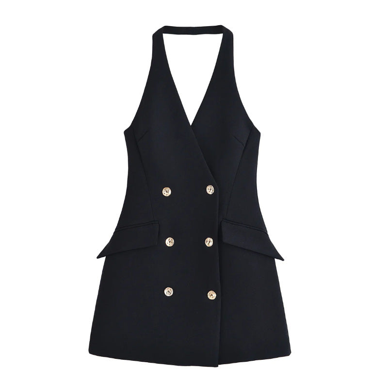 Black V-neck Double-breasted Mini Dress