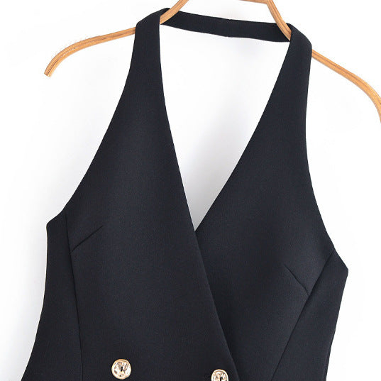 Black V-neck Double-breasted Mini Dress