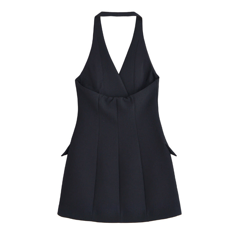 Black V-neck Double-breasted Mini Dress