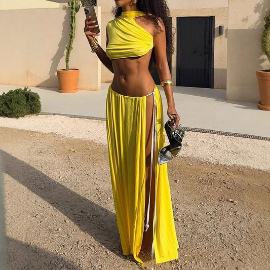 Solid-Color Off-the-Shoulder Crop Top & Skirt Set