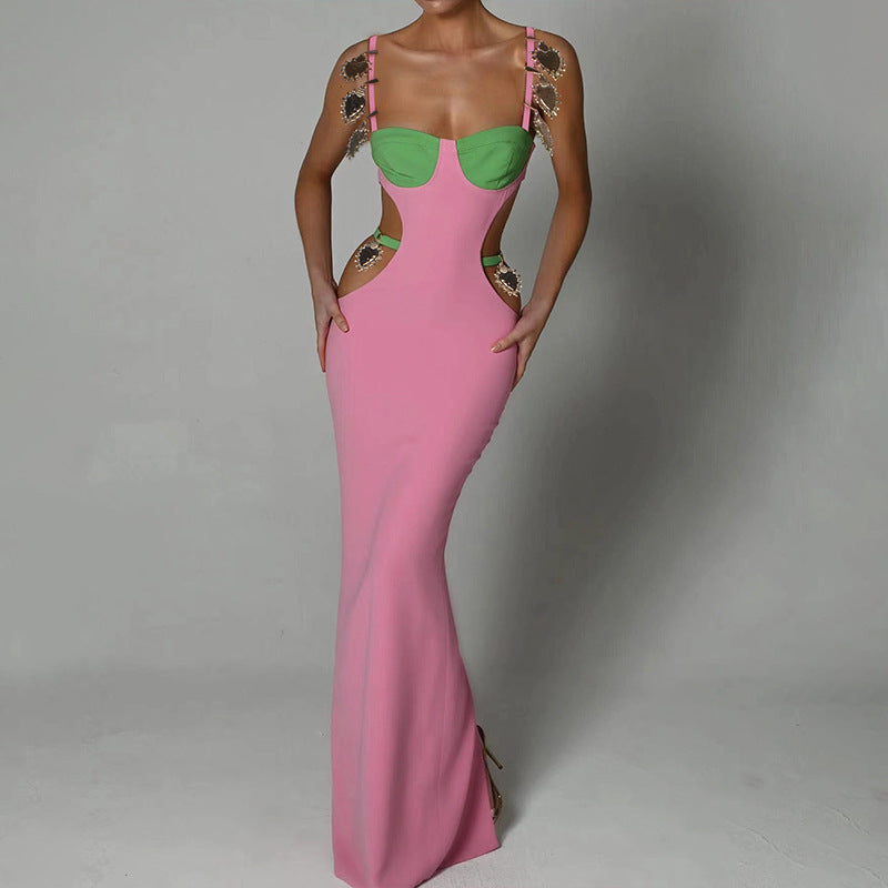 Color-Blocked Cutout Halter-Neck Maxi Dress