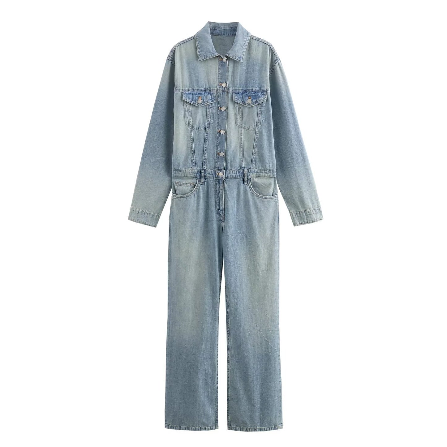 Washed Denim Long-Sleeve Jumpsuit