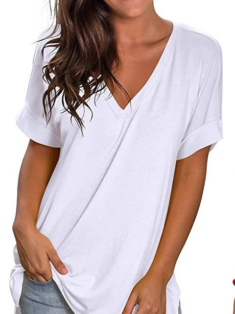 V-neck solid color side slit T-shirt