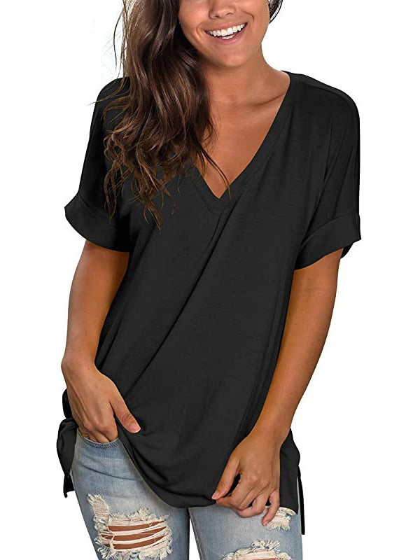 V-neck solid color side slit T-shirt