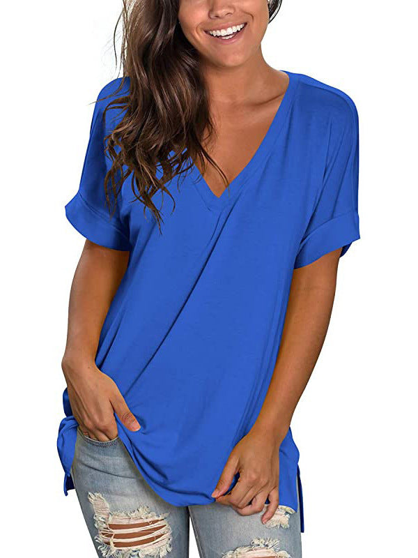 V-neck solid color side slit T-shirt