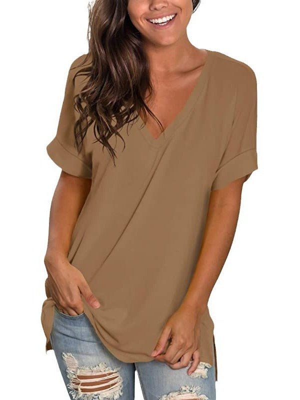 V-neck solid color side slit T-shirt