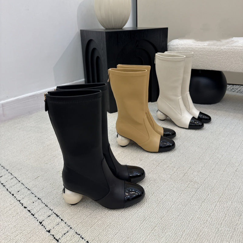 Large-Pearl Zipper Mid-Calf Boots