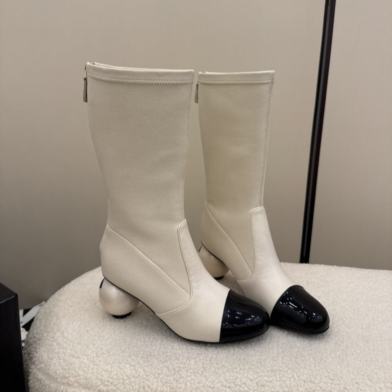Large-Pearl Zipper Mid-Calf Boots