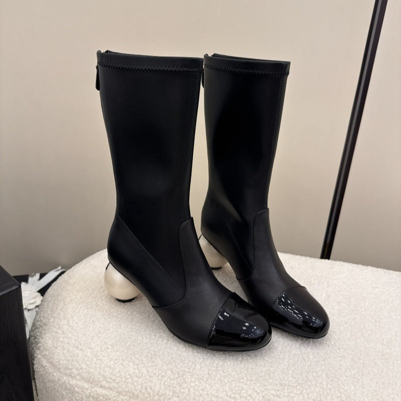 Large-Pearl Zipper Mid-Calf Boots