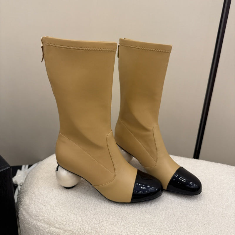 Large-Pearl Zipper Mid-Calf Boots