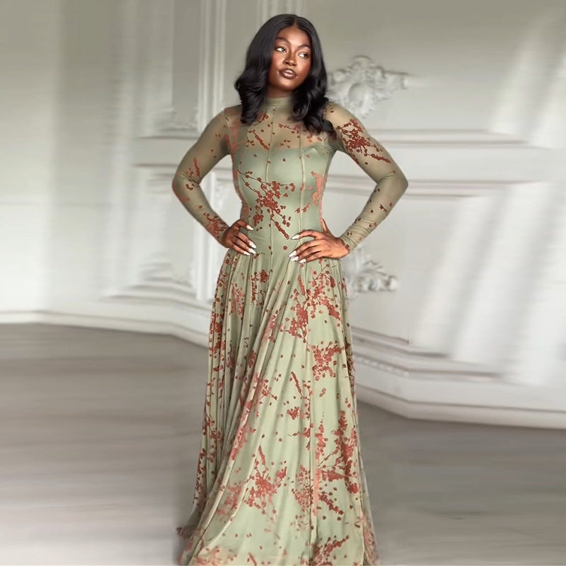 Plum Blossom Print Half-High Neck Maxi Dress