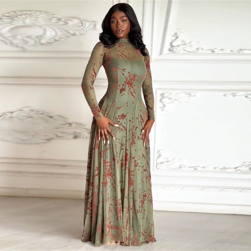 Plum Blossom Print Half-High Neck Maxi Dress