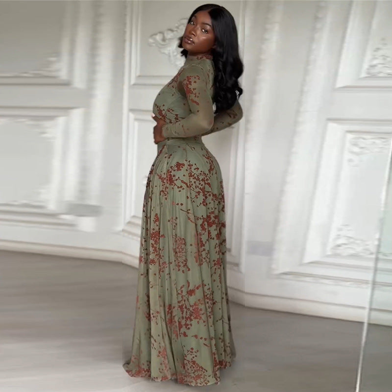 Plum Blossom Print Half-High Neck Maxi Dress