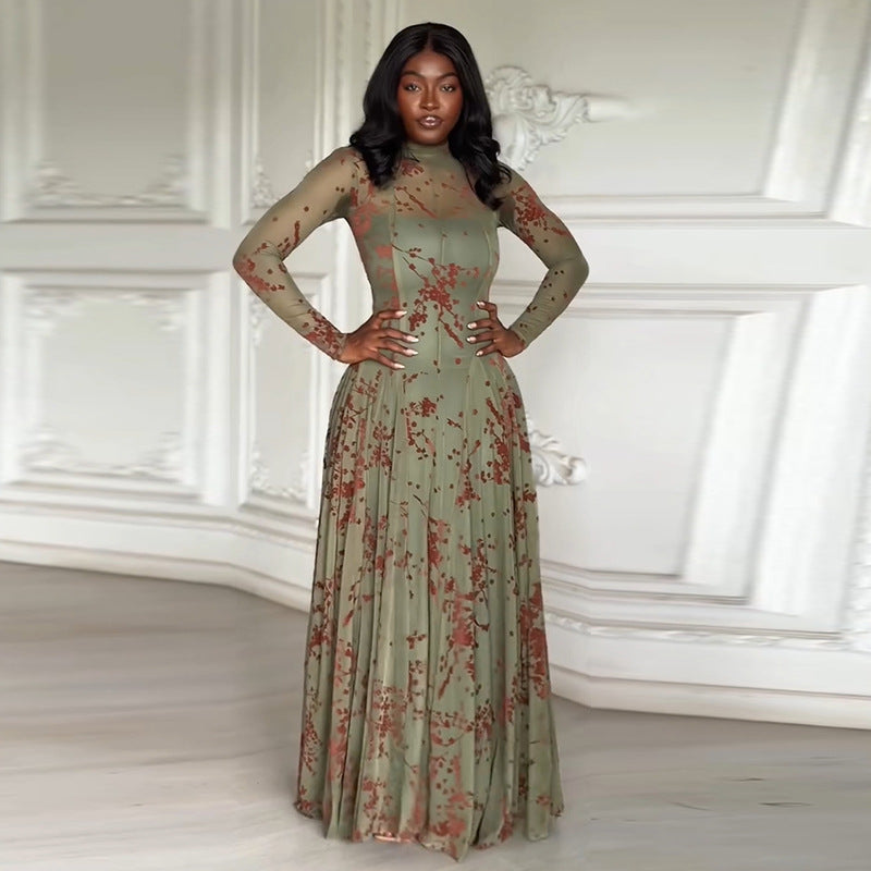 Plum Blossom Print Half-High Neck Maxi Dress
