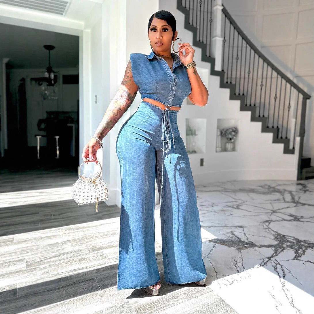 Denim Sleeveless Shirt & Trousers Set