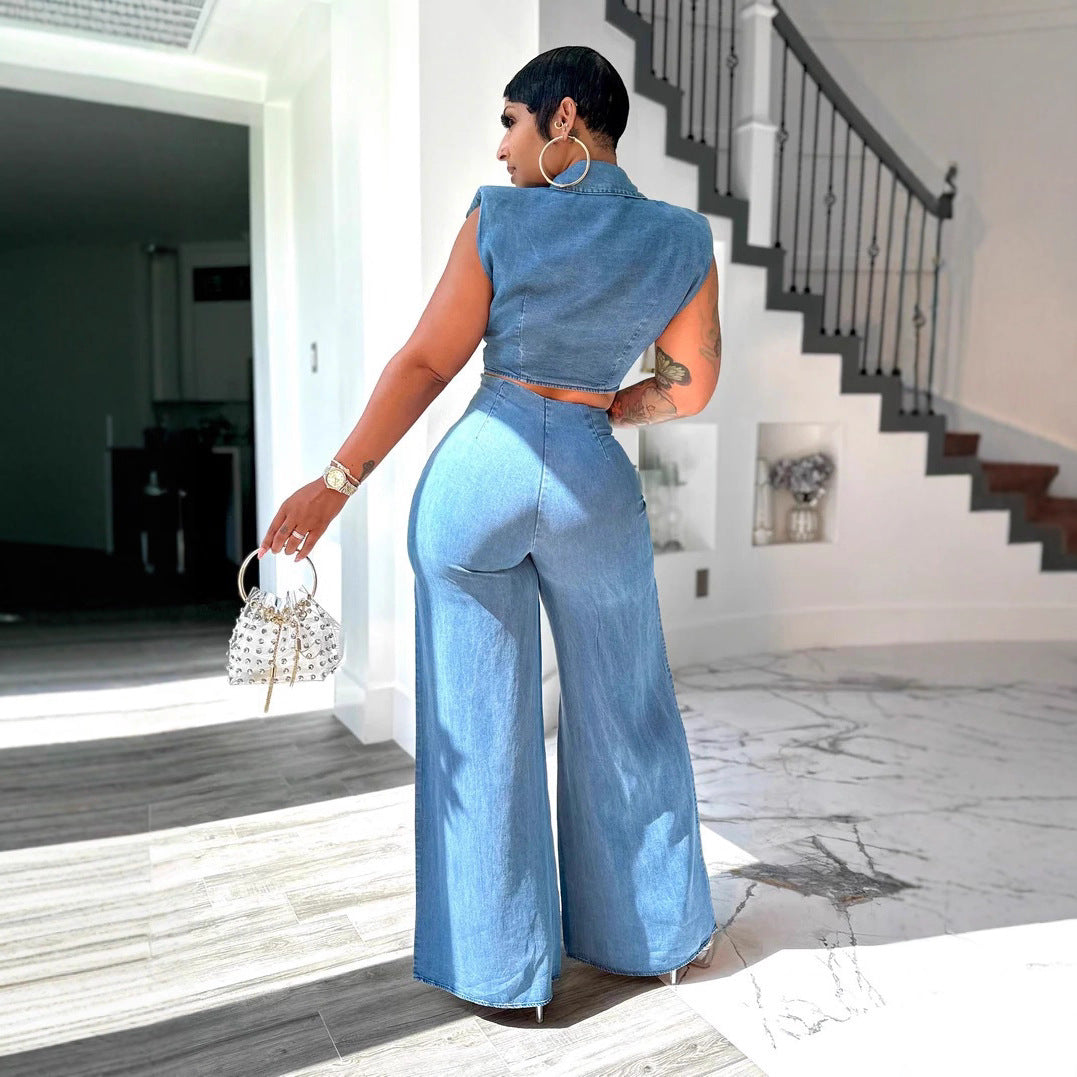 Denim Sleeveless Shirt & Trousers Set