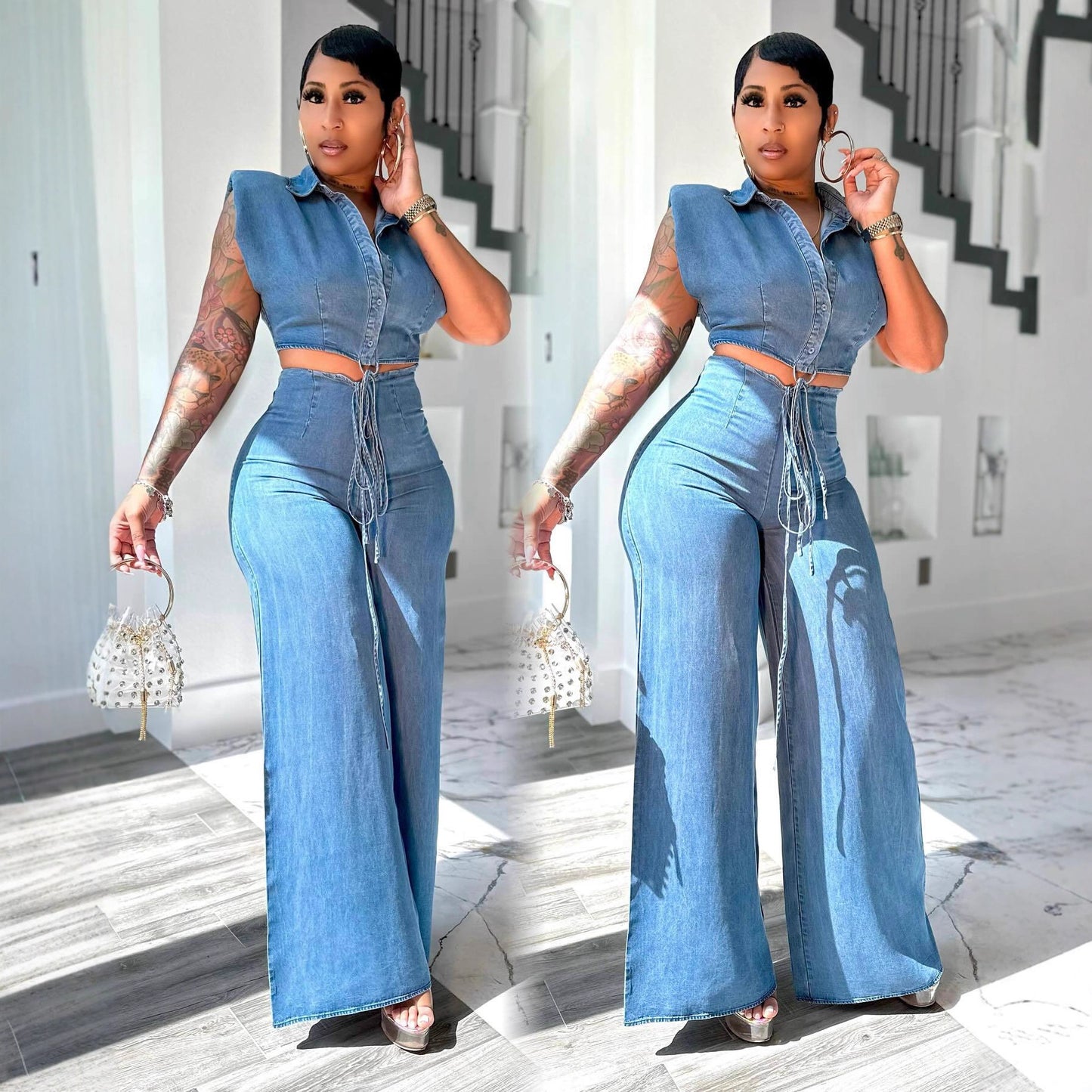 Denim Sleeveless Shirt & Trousers Set