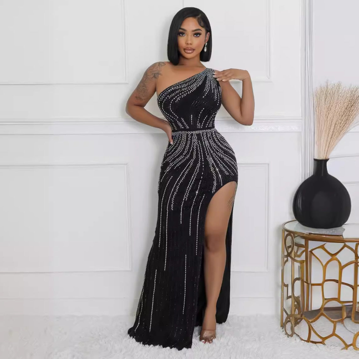 Black Rhinestone Off-Shoulder Split Dress