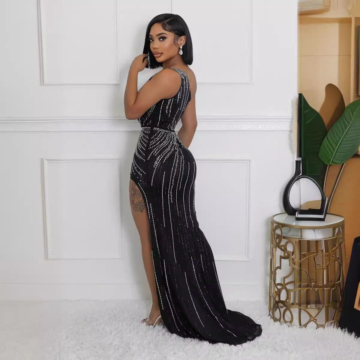 Black Rhinestone Off-Shoulder Split Dress