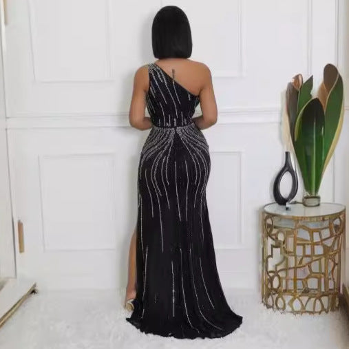 Black Rhinestone Off-Shoulder Split Dress