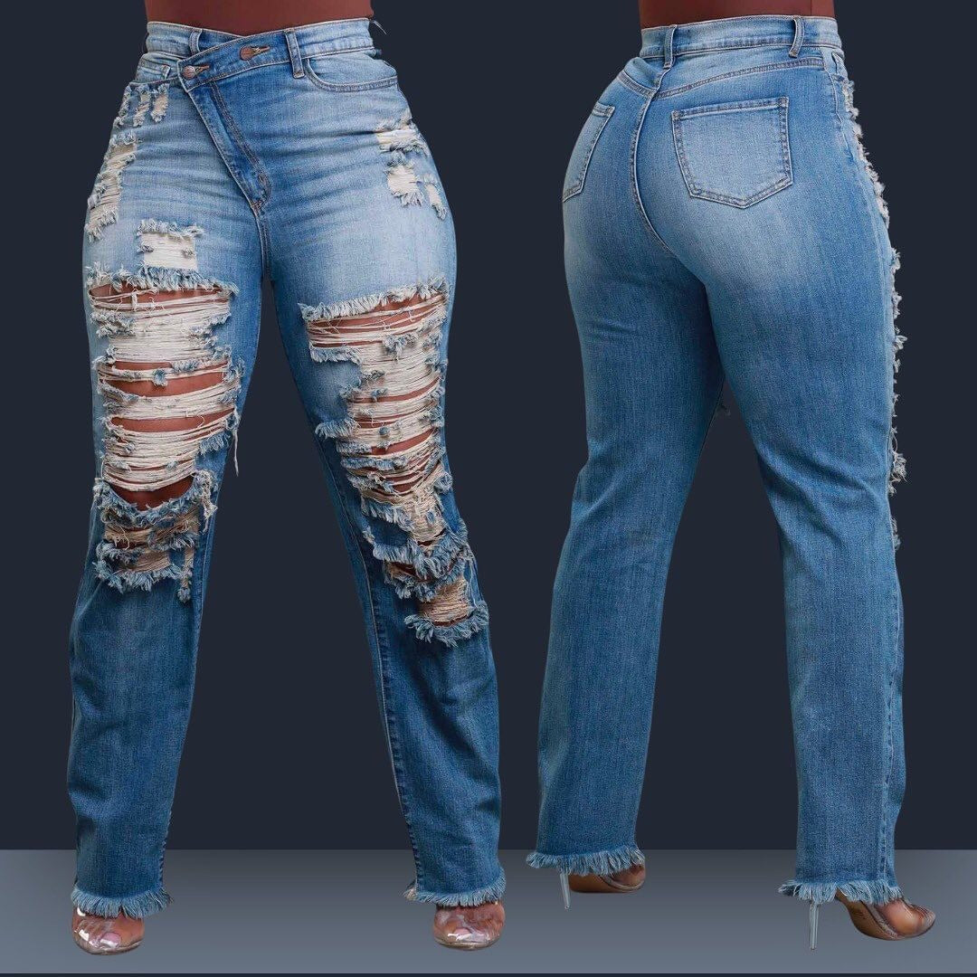 Blue Knife-Cut Ripped Jeans