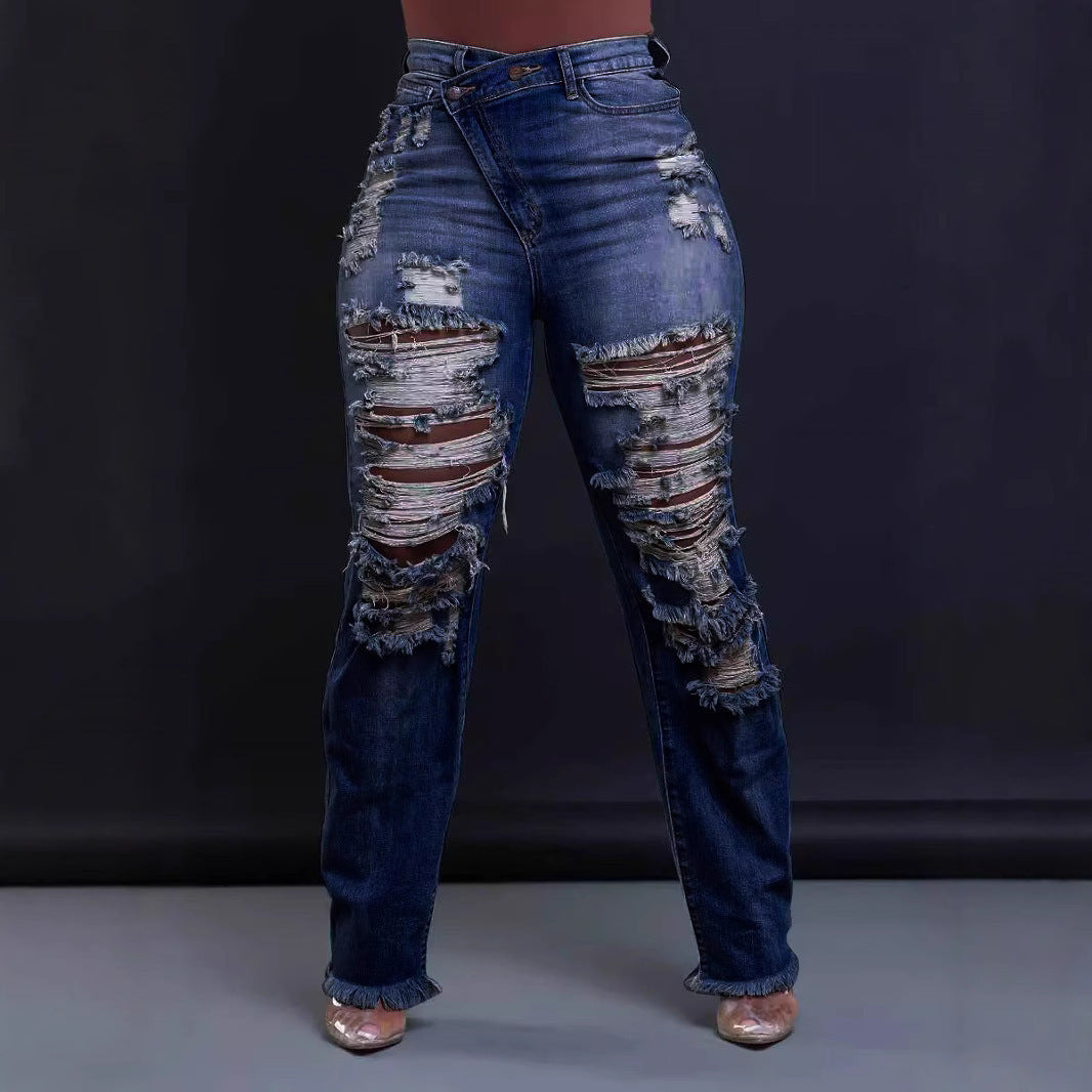 Blue Knife-Cut Ripped Jeans