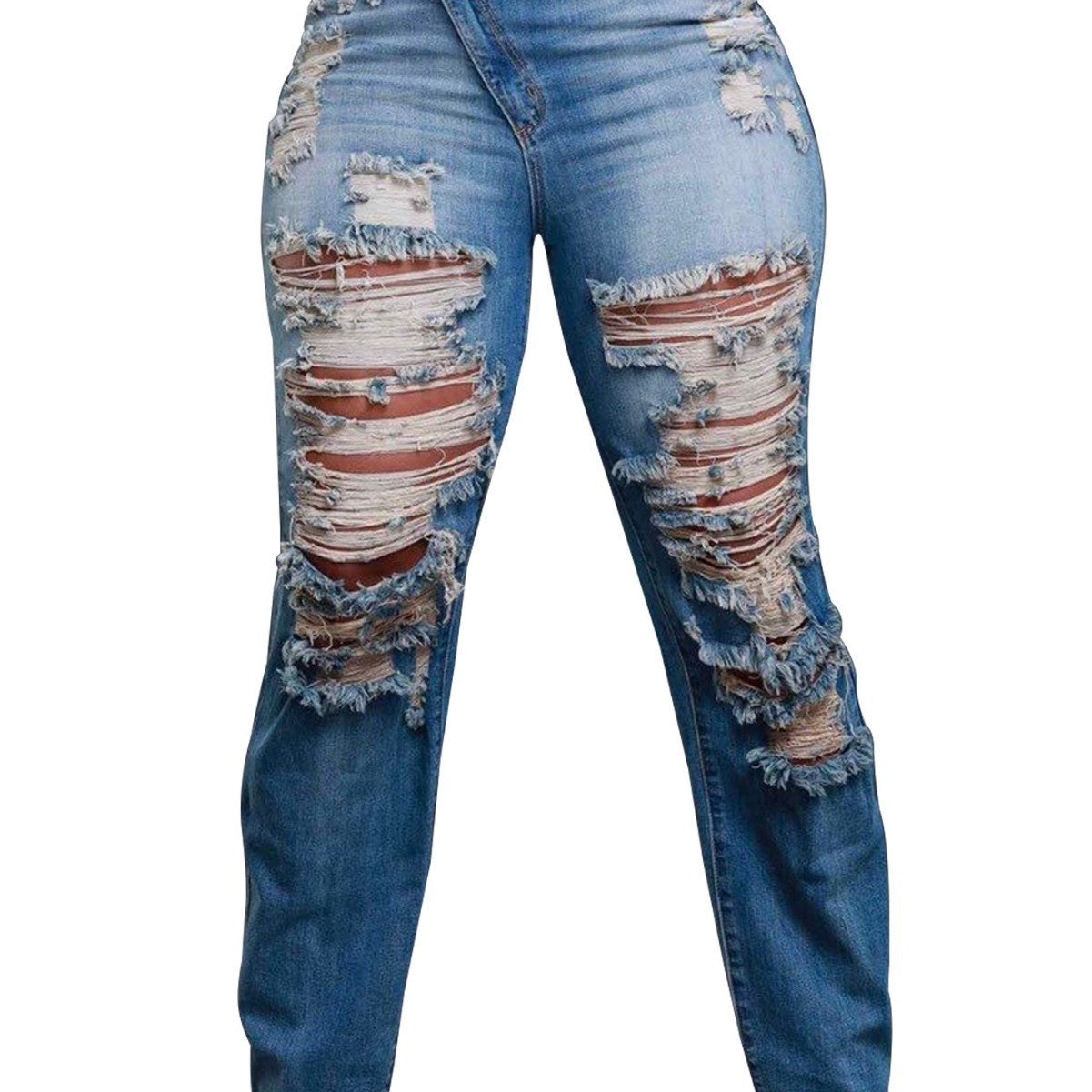 Blue Knife-Cut Ripped Jeans