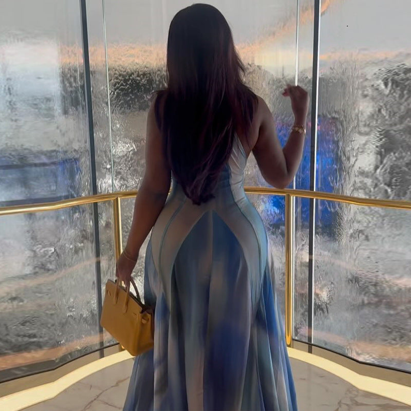 Blue Sleeveless Tie-Dye Maxi Dress
