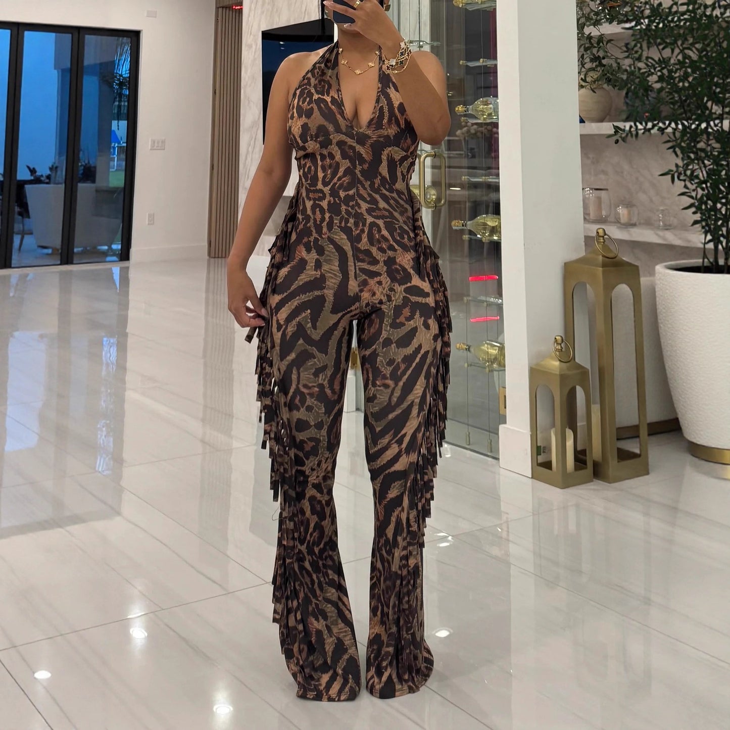 Leopard-Print Ruffled Jumpsuit