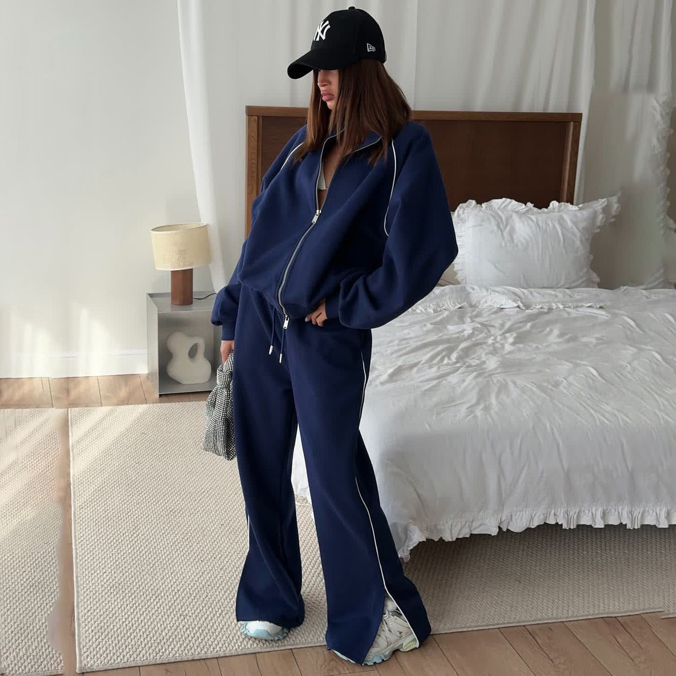 Blue Patchwork Sports Two-Piece Set