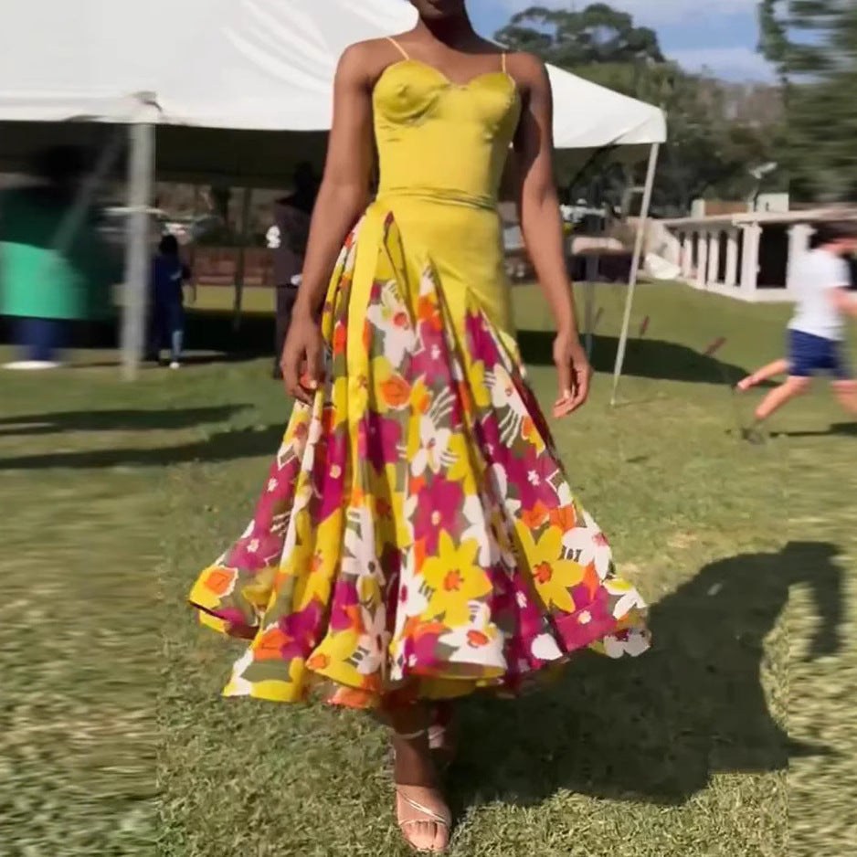 Yellow Floral Print Camisole Maxi Dress